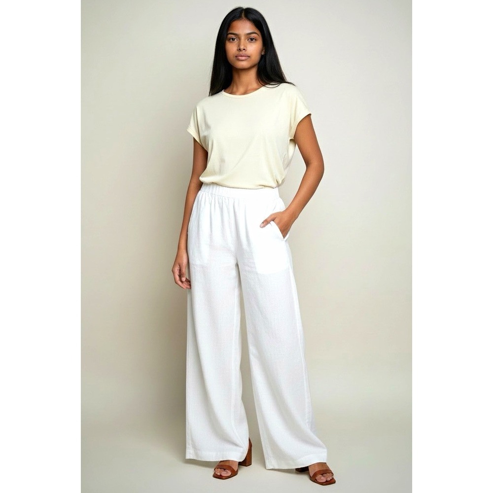 Quince Womens White Organic Linen Wide Leg Drawstring Pocket Pants S